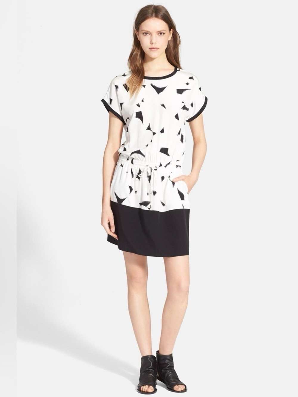 Vince Black and White Geometric Drawstring Waist Dress
